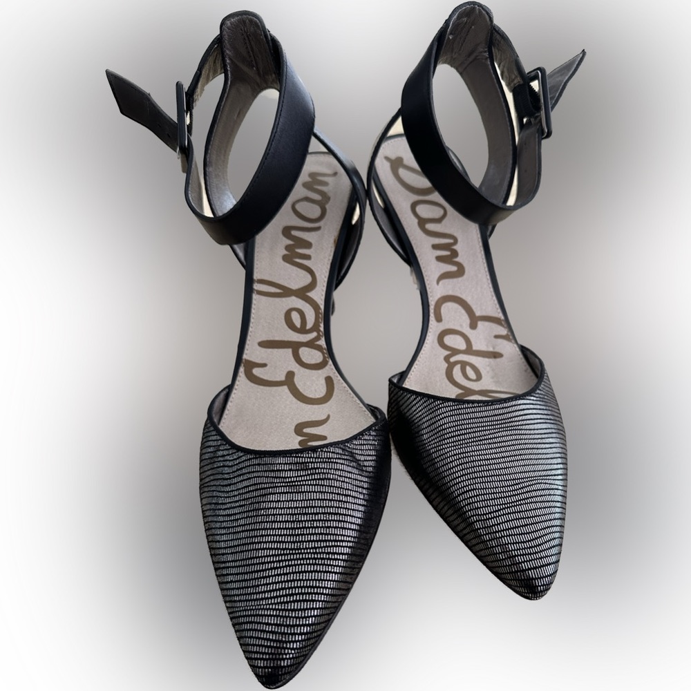 Sam Edelman ankle strap heels metallic black